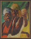 Don McIlvaine, Three Women, Oil on masonite half portrait of three African American women. They each have different colored dresses and head scarves