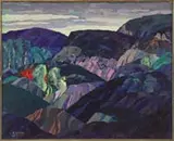 Leighton R. Cram, Rocky Landscape, Oil on canvas colorful landscape scene shows hills intertwining with trees under a colorful sky