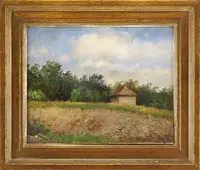 The Hideaway by Frank Russell Green, Oil on board landscape scene shows a small square building with trees and grass under blue and white cloud sky, offered Aug 2009