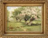 Josephine E. Bradstreet, Spring Blossoms, Oil on board spring landscape showings blossoming apple trees with grassy field under blue and white cloud sky
