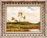 Albert Edward Sterner, Landscape with Trees and Pond, Oil on board landscape scene shows trees on grassy knoll with pond having grass covered sides and foreground