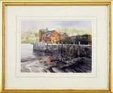Nathalie Johnson Nordstrand, Low Tide, Motif #1, Watercolor scene shows the red building at the end of a wharf in Rockport Harbor looking across the water toward houses