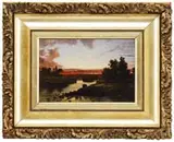 Louis Rémy Mignot, River Sunset, Oil on canvas landscape shows a river with grass-covered banks and trees under a sunset sky with colorful clouds