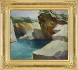 Stauffer, The Quarry Cliffs, Oil on canvas scene shows calm water surrounded by steep sided rock ledge with green trees and field background
