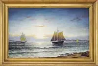 Blaikie Hines, Five Mile River, Rowayton, Oil on Masonite, 19th century style scene shows two schooners with sails up sailing off coast under a setting sun sky