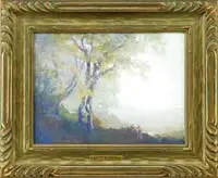 William C. Emerson, Morning Mist, Oil on board scene shows three nymphs running through open area with large trees and sky