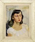 Ernest Thurn, Portrait of a Young Woman, Oil on board shoulder portrait shows a woman with black hair wearing a white dress