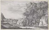 Claude Lorrain, The Flight Into Egypt, Etching shows the holy family, Jesus, Joseph & Mary, fleeing to Egypt with a landscape background