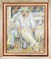 The Morning Chores by Agustín Carrera, Oil on canvas scene shows a man milking a goat in a small corralled area with fence and barn background, offered Aug 2009