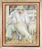 Agustín Carrera, The Morning Chores, Oil on canvas scene shows a man milking a goat in a small corralled area with fence and barn background