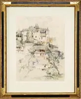 Maurice Levis, The Chatteau, Watercolor and charcoal scene shows a large building atop a hill with other buildings below