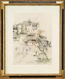 Maurice Levis, The Chatteau, Watercolor and charcoal scene shows a large building atop a hill with other buildings below