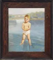 Mario Maresca, Young Wader, Oil on canvas laid on masonite beach scene shows young boy ankle-deep in water facing viewer