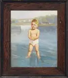 Mario Maresca, Young Wader, Oil on canvas laid on masonite beach scene shows young boy ankle-deep in water facing viewer