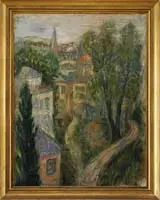 Rooftop View by Signed, Oil on canvas laid on masonite scene shows a summer view overlooking rooftops and steeple, offered Aug 2009