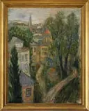 Signed, Rooftop View, Oil on canvas laid on masonite scene shows a summer view overlooking rooftops and steeple