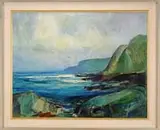 Anton Henry Dahl, Davenport Landing, Large oil on canvas coastal scene shows a colorful ocean with nearby coastal cliffs covered in grass