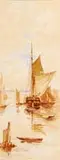 James Callowhill, Harbor View, Watercolor on board harbor scene shows several boats moored in calm water under partial blue sky