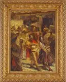 Arnaldo Casella Tamburini, Spanish Fiesta, Oil on board scene shows a man and woman dancing amongst a group of musicians with other people at tables