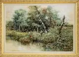 Giuseppe Gabani, The Fagot Gatherers, Watercolor on paper summertime scene shows two women gathering sticks under arms in a wooded lined field next to water