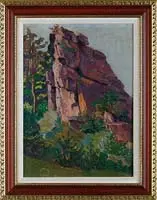 The Rock Outcropping by Max Kahrer, Oil on board scene shows large rock outcropping surrounded by green trees and bushes, offered Aug 2009