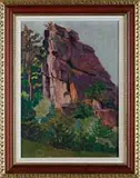 Max Kahrer, The Rock Outcropping, Oil on board scene shows large rock outcropping surrounded by green trees and bushes