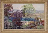 Alexander Goulaiev, Atyasiers 1973, Oil on canvas landscape scene shows trees and valley floor with water in a panoramic landscape