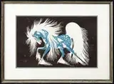 Woody W. Crumbo, The Blue Stallion, Silkscreen portrait of a fancy white spotted blue horse with large pluming white tail and mane