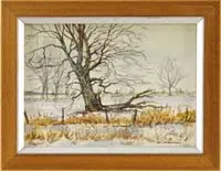 Winter Landscape by Keith Hoffman, Watercolor scene shows a large tree at the edge of a snow covered field with trees, snow and fence, offered Aug 2009