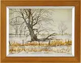 Keith Hoffman, Winter Landscape, Watercolor scene shows a large tree at the edge of a snow covered field with trees, snow and fence