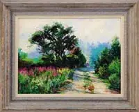 John S. Caggiano, The Aim of Working Is to Dream, Outstanding oil on masonite impressionistic landscape shows a dirt road with trees and bright wild flowers