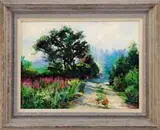 John S. Caggiano, The Aim of Working Is to Dream, Outstanding oil on masonite impressionistic landscape shows a dirt road with trees and bright wild flowers