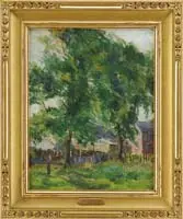Tod Lindenmuth, Country Backyard, Oil on artist board scene shows two large trees with fence leading to a red barn
