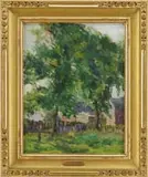 Tod Lindenmuth, Country Backyard, Oil on artist board scene shows two large trees with fence leading to a red barn