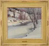 Near Jefferson, Vt by Emile Albert Gruppe, Oil on canvas winter scene shows a river at the base of a snow covered hill with houses, offered Feb 2009