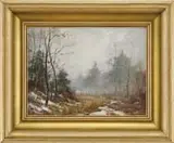 Wayne Beam Morrell, November Mist, the Meadows of Essex, 1965, Oil on canvas early winter scene shows a mist covered landscape with patches of snow and trees with loss of leaves