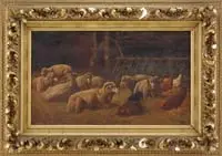 August Voigt, A Barn Full, Large oil on canvas barn livestock scene shows eight sheep laying in a hay covered floor with four chickens