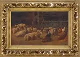 August Voigt, A Barn Full, Large oil on canvas barn livestock scene shows eight sheep laying in a hay covered floor with four chickens