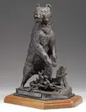 Nikolai Ivanovich Liberich, Siberian Grissly, Outstanding bronze sculpture of a standing bear with paws extended and mouth open. He stands over a fallen tree