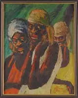 Don McIlvaine, Three Women, Oil on masonite half portrait of three African American women. They each have different colored dresses and head scarves