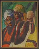 Don McIlvaine, Three Women, Oil on masonite half portrait of three African American women. They each have different colored dresses and head scarves