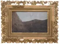 Mountain Study by Albert Bierstadt, oil on unstretched canvas landscape scene shows two converging mountains under blue sky, offered Feb 2009