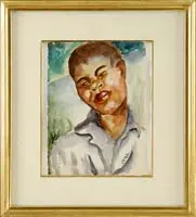 James A. Porter, Portrait of a Young Man, Watercolor on paper shows a shoulder length portrait of a young African-American male with white shirt