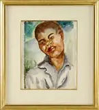 James A. Porter, Portrait of a Young Man, Watercolor on paper shows a shoulder length portrait of a young African-American male with white shirt