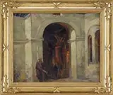 Sergie Kolesnikoff, The Meeting Place, Oil on canvas scene shows an archway entrance leading to an interior vestibule having three figures with guard outside