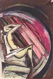 Sergei Ivanovich Zimin, Scriabin in Lukin’s Dance, Oil on light board shows a nude figure against geometric patterns in colors of light green, brown and red
