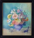 Dorothy P. Neaves, Mixed Flowers and Blue Bird, Pastel still life shows a blue vase with colorful bouquet of flowers. A small dish and bird are seen beside