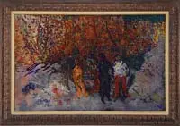 Charles Marcon, Untitled, Oil on masonite scene shows three figures standing in front of an impressionistic tree scene