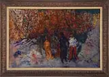 Charles Marcon, Untitled, Oil on masonite scene shows three figures standing in front of an impressionistic tree scene
