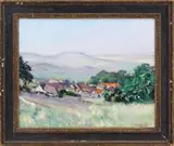 Signed, French Country Village, Oil on canvas scene shows a village nestled amongst trees in a low hill valley under blue and pink sky